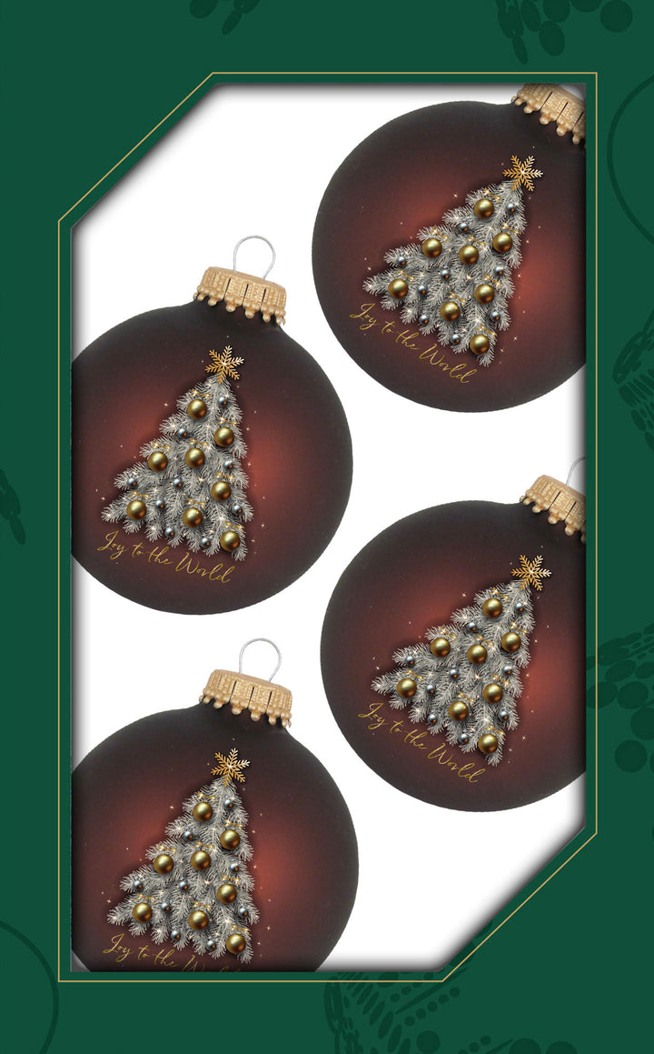 Glass Christmas Tree Ornaments - 67mm/2.625" [4 Pieces] Decorated Balls from Christmas by Krebs Seamless Hanging Holiday Decor (Mustang Velvet with Joy to the World Tree)