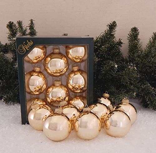 Glass Christmas Tree Ornaments - 67mm / 2.63" [8 Pieces] Designer Balls from Christmas By Krebs Seamless Hanging Holiday Decor (Shiny Molten Gold)