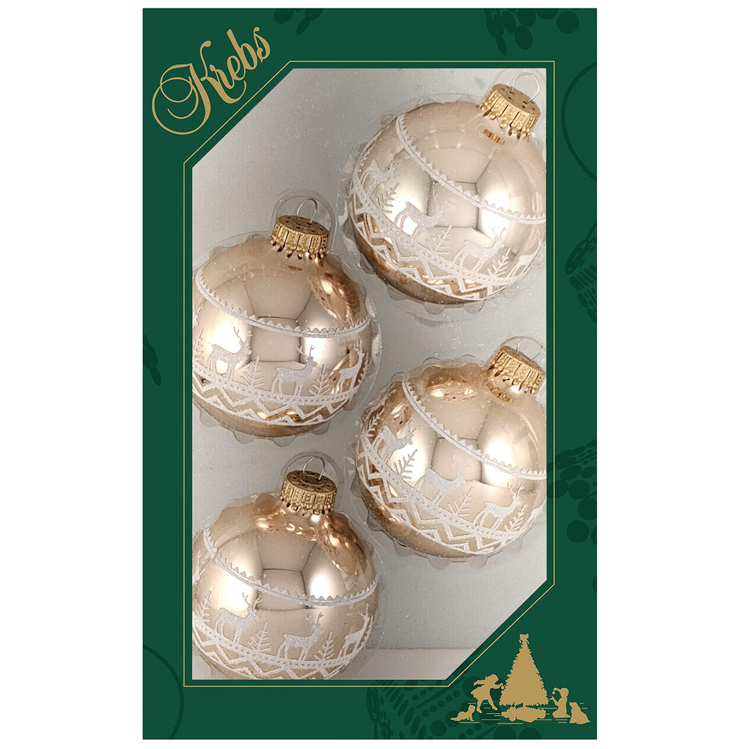 Glass Christmas Tree Ornaments - 67mm/2.63" [4 Pieces] Decorated Balls from Christmas by Krebs Seamless Hanging Holiday Decor (Shiny Molten Gold with Reindeer Band)