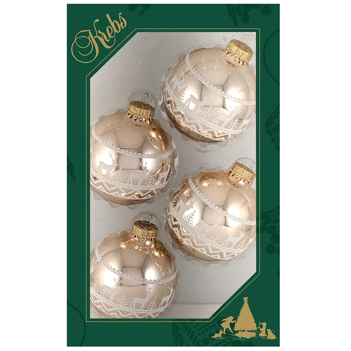 Glass Christmas Tree Ornaments - 67mm/2.63" [4 Pieces] Decorated Balls from Christmas by Krebs Seamless Hanging Holiday Decor (Shiny Molten Gold with Reindeer Band)
