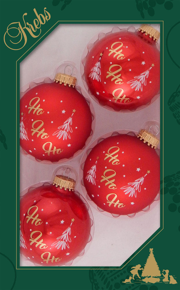 Glass Christmas Tree Ornaments - 67mm/2.63" [4 Pieces] Decorated Balls from Christmas by Krebs Seamless Hanging Holiday Decor (Candy Apple Red & Flame Red with Ho Ho Ho)