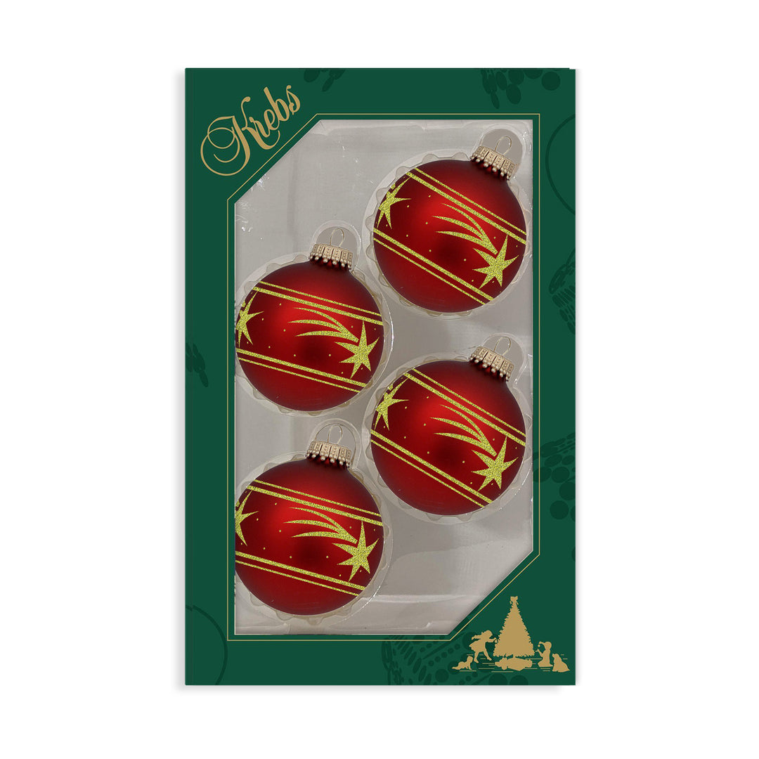 Glass Christmas Tree Ornaments - 67mm/2.625" [4 Pieces] Decorated Balls from Christmas by Krebs Seamless Hanging Holiday Decor (Port Velvet with Gold Shooting Star)