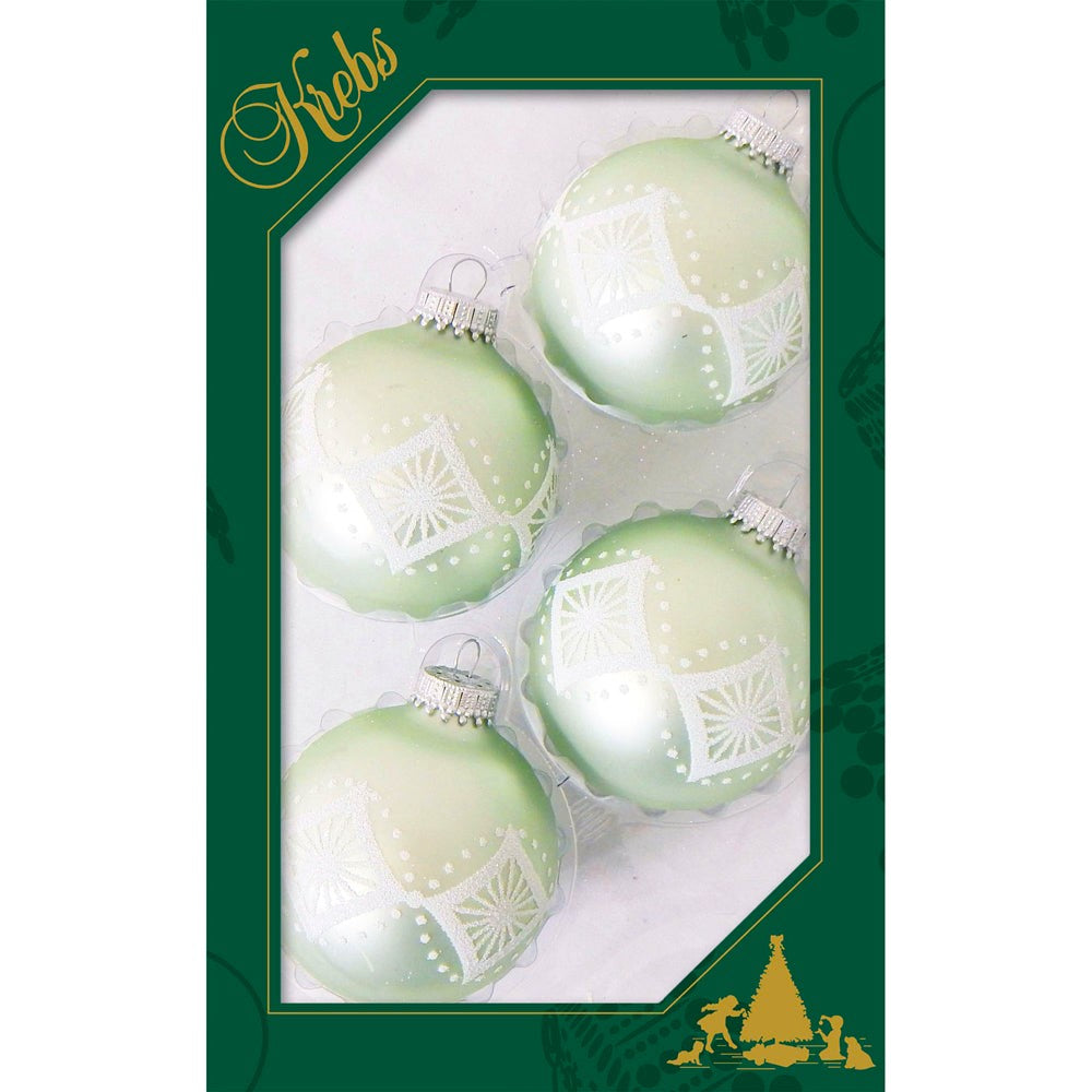 Glass Christmas Tree Ornaments - 67mm/2.625" [4 Pieces] Decorated Balls from Christmas by Krebs Seamless Hanging Holiday Decor (Beach Glass Green Velvet with White Star Diamonds)