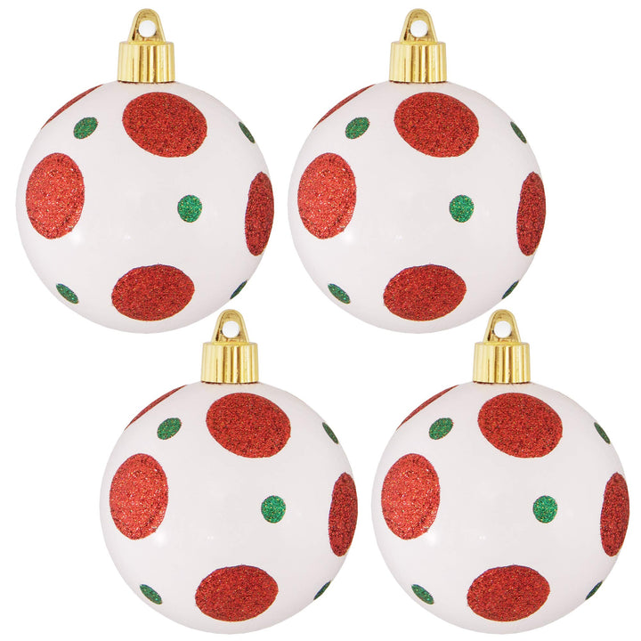 Christmas By Krebs 3 1/4" (80mm) Ornament [4 Pieces] Commercial Grade Indoor and Outdoor Shatterproof Plastic, Water Resistant Ball Shape Ornament Decorations (White with Red Dots)