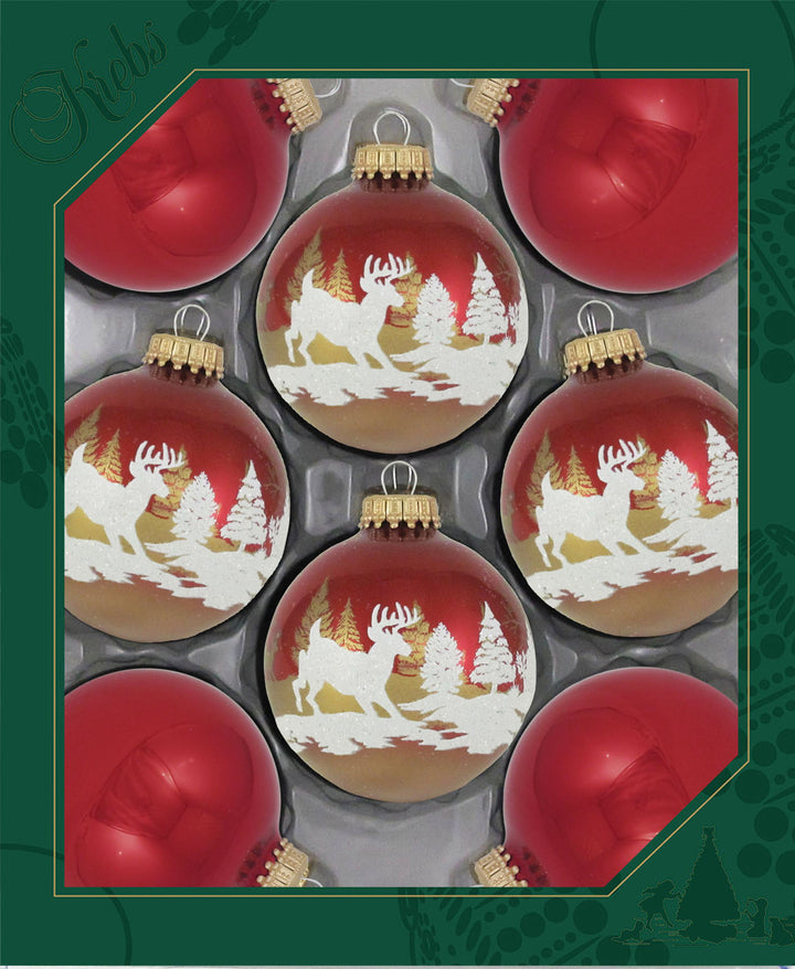 Glass Christmas Tree Ornaments - 67mm / 2.63" [8 Pieces] Designer Balls from Christmas By Krebs Seamless Hanging Holiday Decor (Ribbon Red with Winter Deer Scene)