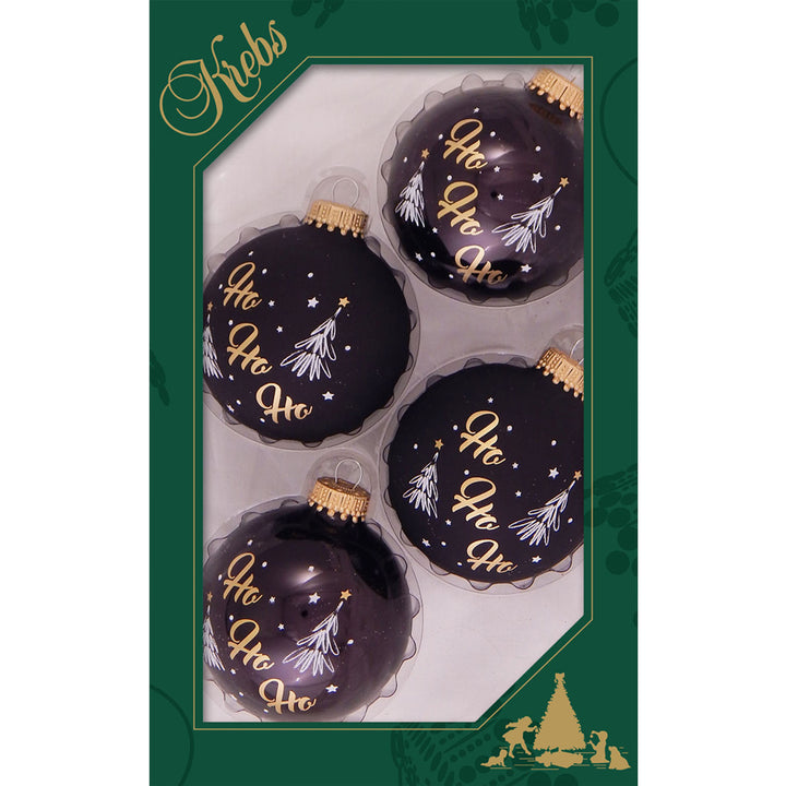 Glass Christmas Tree Ornaments - 67mm/2.625" [4 Pieces] Decorated Balls from Christmas by Krebs Seamless Hanging Holiday Decor (Ebony Shiny with Ho Ho Ho)