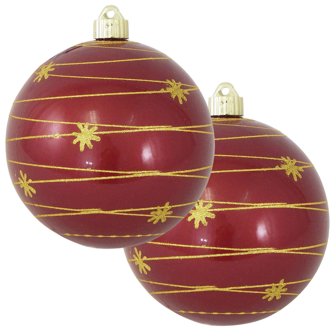 Christmas By Krebs 6" (150mm) Ornament, [2 Pieces], Commercial Grade Indoor and Outdoor Shatterproof Plastic, Water Resistant Decorated Ball Shape Ornament Decorations (Candy Red with Tangle Stars)