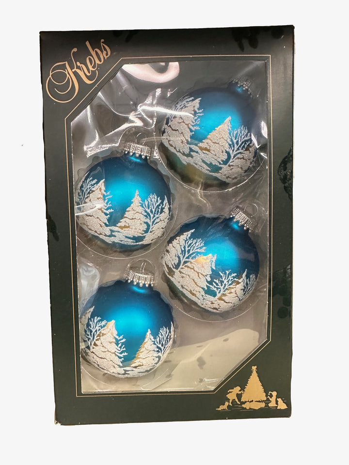 Glass Christmas Tree Ornaments - 67mm/2.625" [4 Pieces] Decorated Balls from Christmas by Krebs Seamless Hanging Holiday Decor (Turquoise Bliss Blue with Festive Trees)