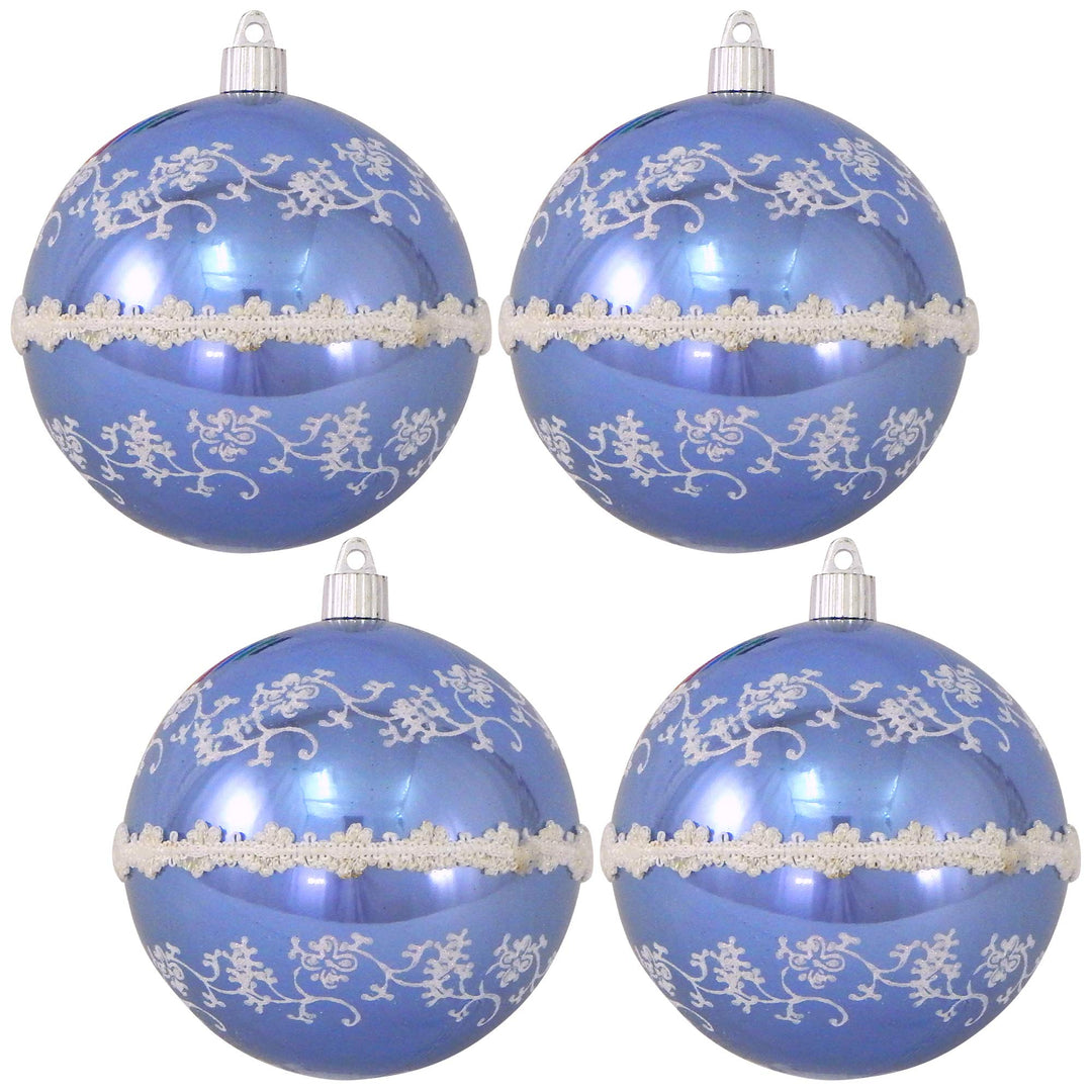 Christmas By Krebs 4 3/4" (120mm) Ornament [4 Pieces] Commercial Grade Indoor & Outdoor Shatterproof Plastic, Water Resistant Ball Shape Ornament Decorations (Polar Blue/White Glitterlace and Braid)