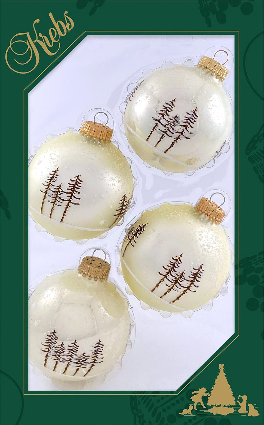 Glass Christmas Tree Ornaments - 67mm/2.63" [4 Pieces] Decorated Balls from Christmas by Krebs Seamless Hanging Holiday Decor (Vanilla Velvet and Pearl White with Trees)