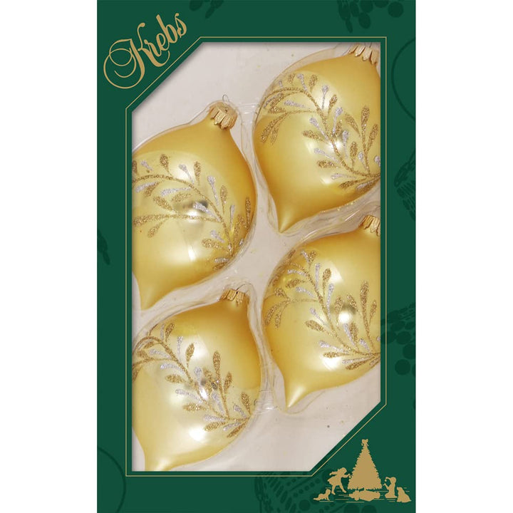 Glass Christmas Tree Ornaments - 67mm/2.63" [4 Pieces] Decorated Balls from Christmas by Krebs Seamless Hanging Holiday Decor (Gold Velvet 3.5" Onion with Leaves)