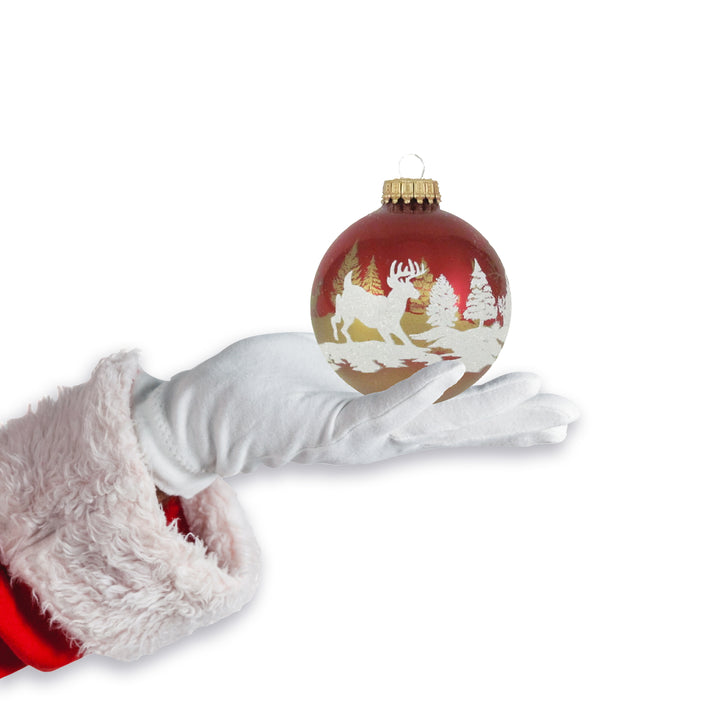 Glass Christmas Tree Ornaments - 67mm / 2.63" [8 Pieces] Designer Balls from Christmas By Krebs Seamless Hanging Holiday Decor (Ribbon Red with Winter Deer Scene)