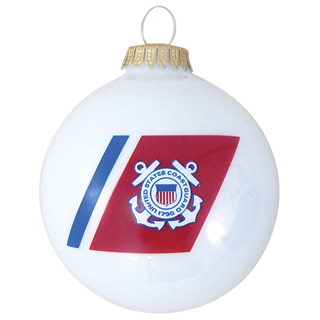 Christmas Tree Ornaments Made in the USA - 80mm / 3.25" Decorated Collectible Glass Balls from Christmas by Krebs - Handmade Hanging Holiday Decorations for Trees (Coast Guard Seal, Hymn-Shiny)