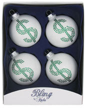 2 5/8" Porcelain White Balls with Green Rhinestone Dollar Signs - 4 Pieces