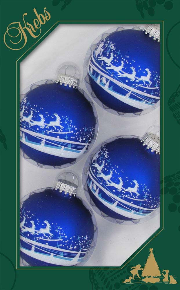 Glass Christmas Tree Ornaments - 67mm/2.63" [4 Pieces] Decorated Balls from Christmas by Krebs Seamless Hanging Holiday Decor (Royal Velvet Blue with Santa Over Village)