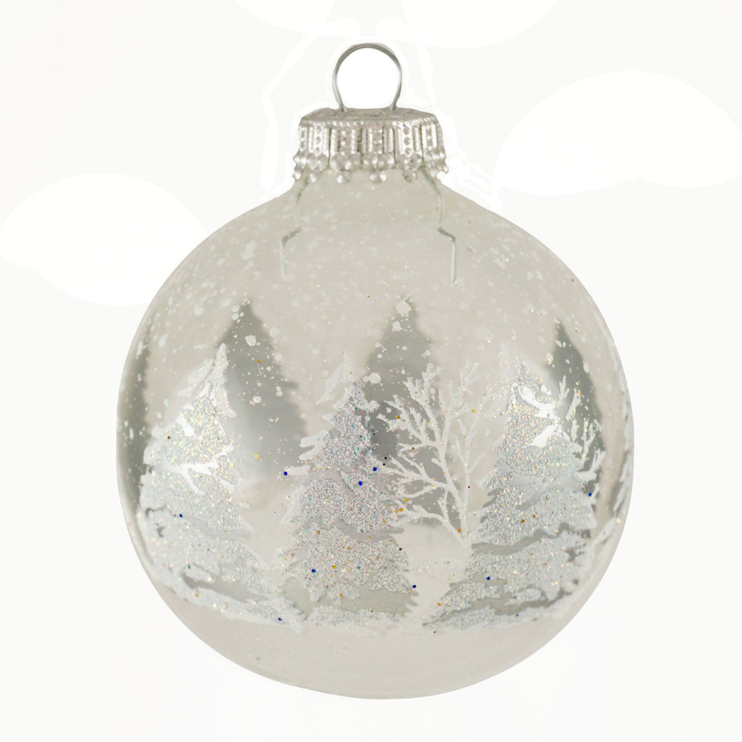 Glass Christmas Tree Ornaments - 67mm/2.63" Designer Balls from Christmas by Krebs - Seamless Hanging Holiday Decorations for Trees - Set of 12 Ornaments (Silver With White Festive Trees)