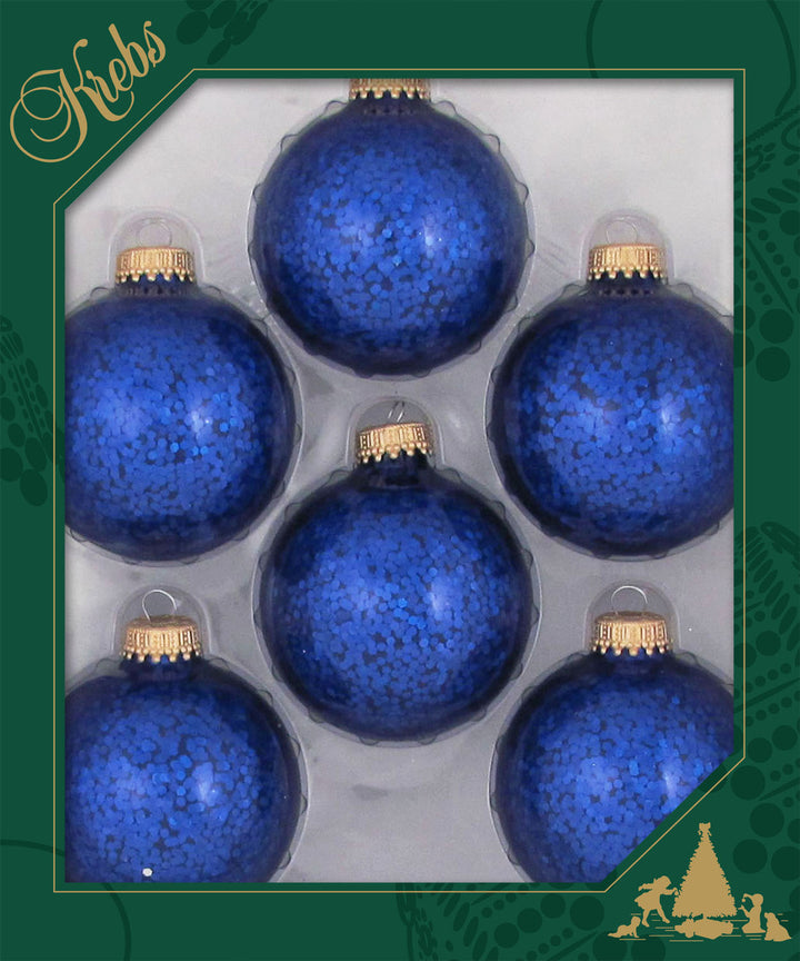 Glass Christmas Tree Ornaments - 67mm / 2.63" [6 Pieces] Designer Balls from Christmas By Krebs Seamless Hanging Holiday Decor (Sapphire Blue Spangle)
