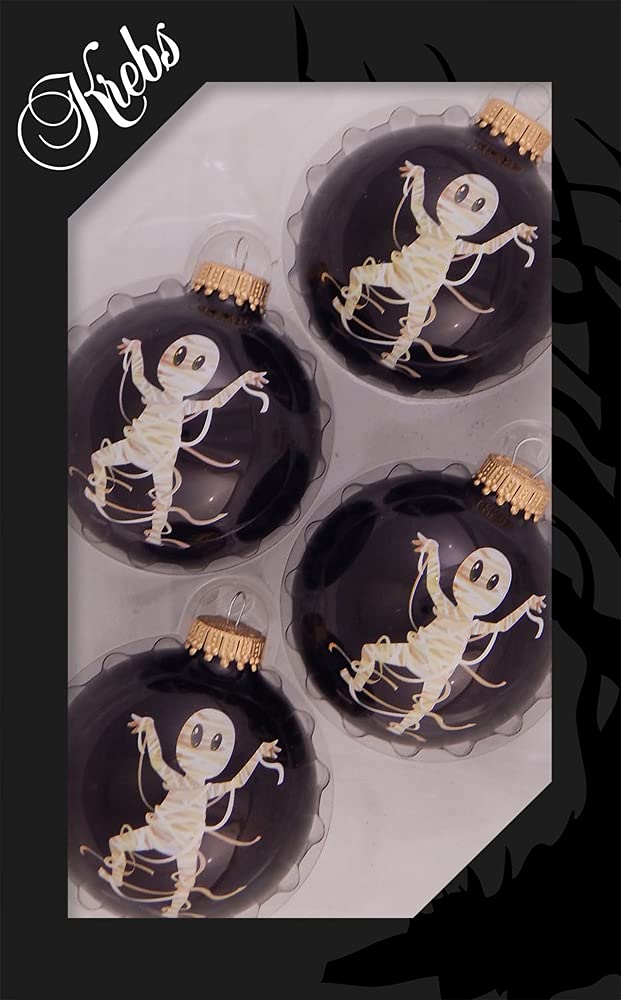 Halloween Tree Ornaments - 67mm/2.625" Decorated Glass Balls from Christmas by Krebs - Handmade Seamless Hanging Holiday Decorations for Trees - Set of 4 (Shiny Ebony Black with Mummy)