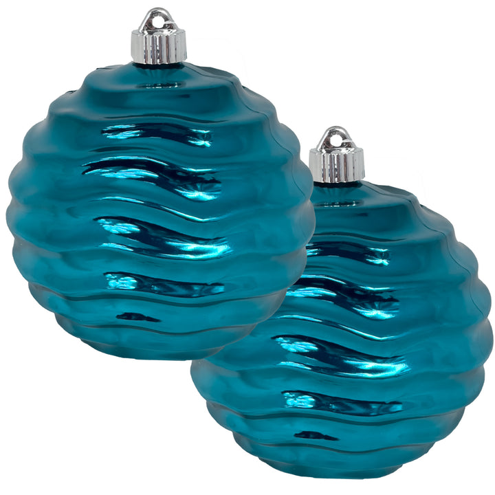 Christmas By Krebs 6" (150mm) Wavy Ripple Shiny Turquoise [2 Pieces] Solid Commercial Grade Indoor and Outdoor Shatterproof Plastic, UV and Water Resistant Ball Ornament Decorations