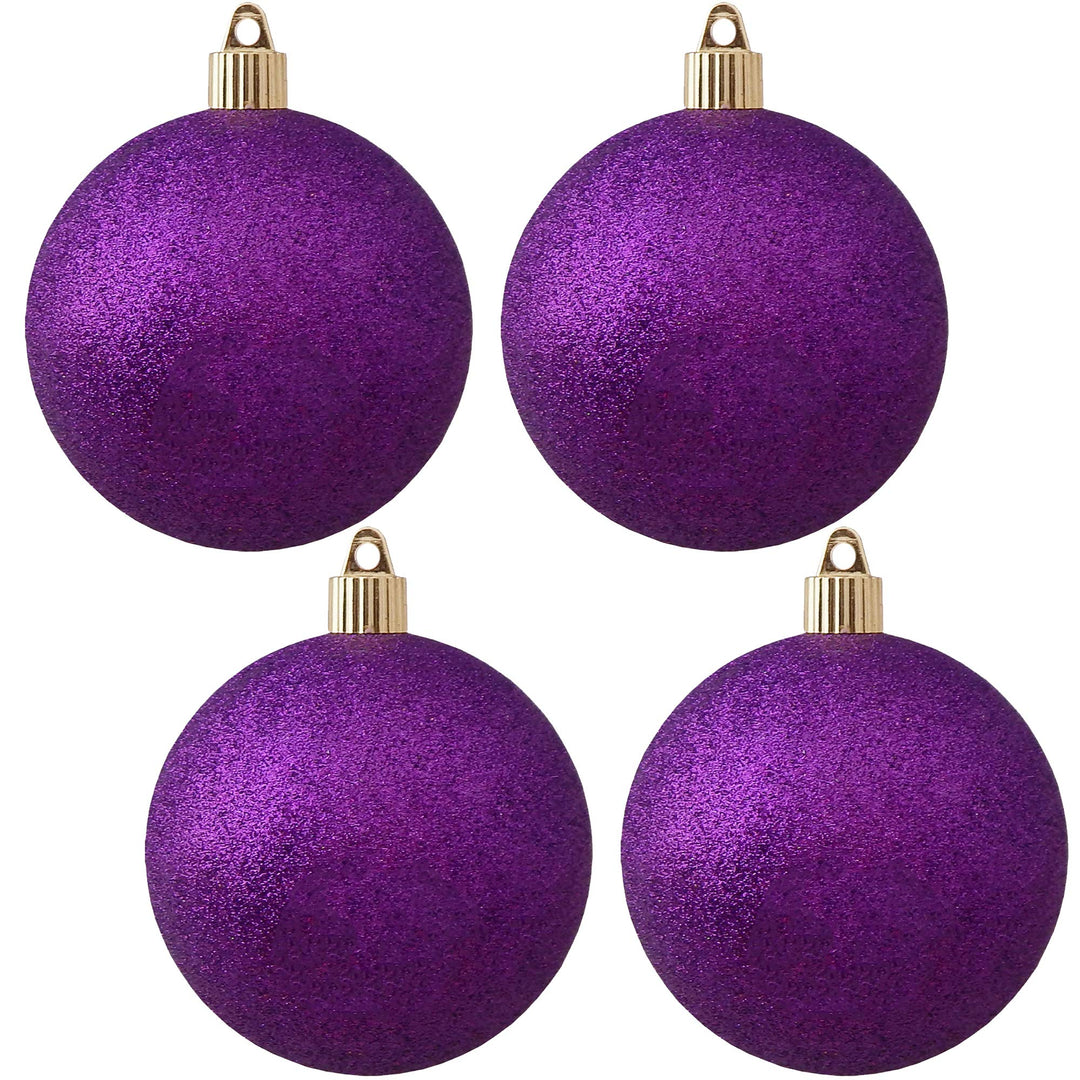 Christmas By Krebs 4" (100mm) Purple Glitter [4 Pieces] Solid Commercial Grade Indoor and Outdoor Shatterproof Plastic, Water Resistant Ball Ornament Decorations