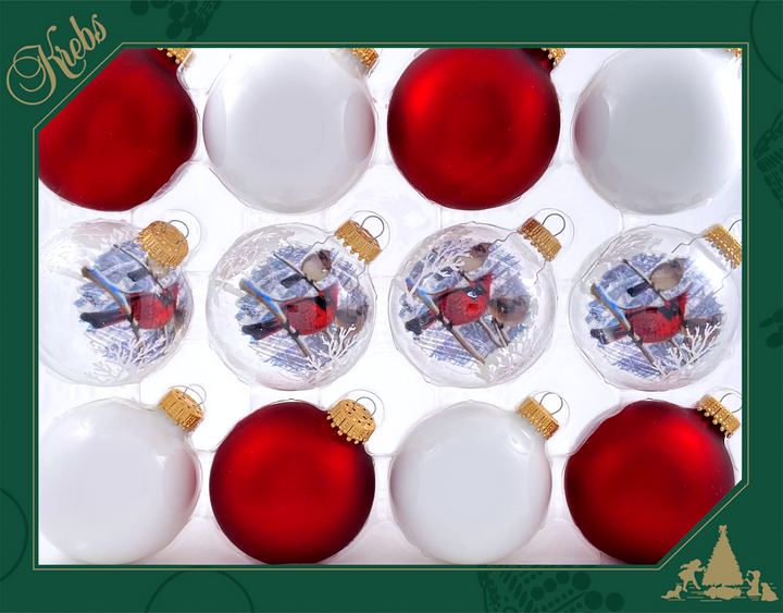 Glass Christmas Tree Ornaments - 67mm/2.63" Designer Balls from Christmas by Krebs - Seamless Hanging Holiday Decorations for Trees - Set of 12 Ornaments (White and Red with Reverse Print Cardinal)