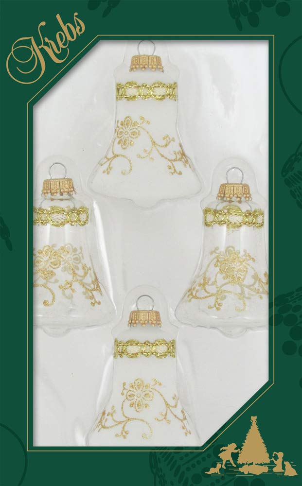 Glass Christmas Tree Ornaments - 67mm/2.63" [4 Pieces] Decorated Balls from Christmas by Krebs Seamless Hanging Holiday Decor (Clear 3" Bells with Glitterlace and Braid)