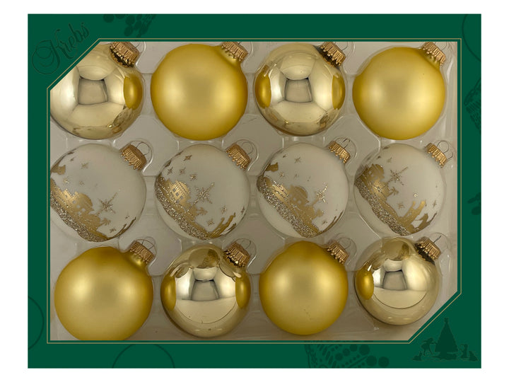Glass Christmas Tree Ornaments - 67mm/2.63" Designer Balls from Christmas by Krebs - Seamless Hanging Holiday Decorations for Trees - Set of 12 Ornaments (Gold and Frost with Bethlehem Scene)