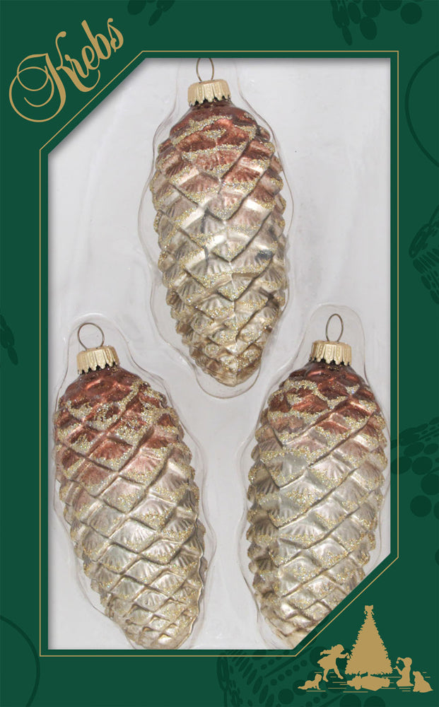 Glass Christmas Tree Ornaments - Decorated from Christmas by Krebs - Handmade Seamless Hanging Holiday Decorations for Trees (4" Brown & Pewter Pinecones [3 Pieces])