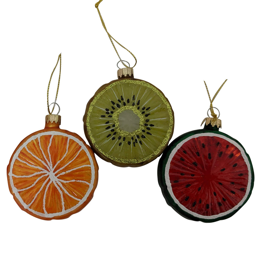 Christmas By Krebs Blown Glass  Collectible Tree Ornaments (3" Orange, Kiwi and Watermelon - 3 Pieces)
