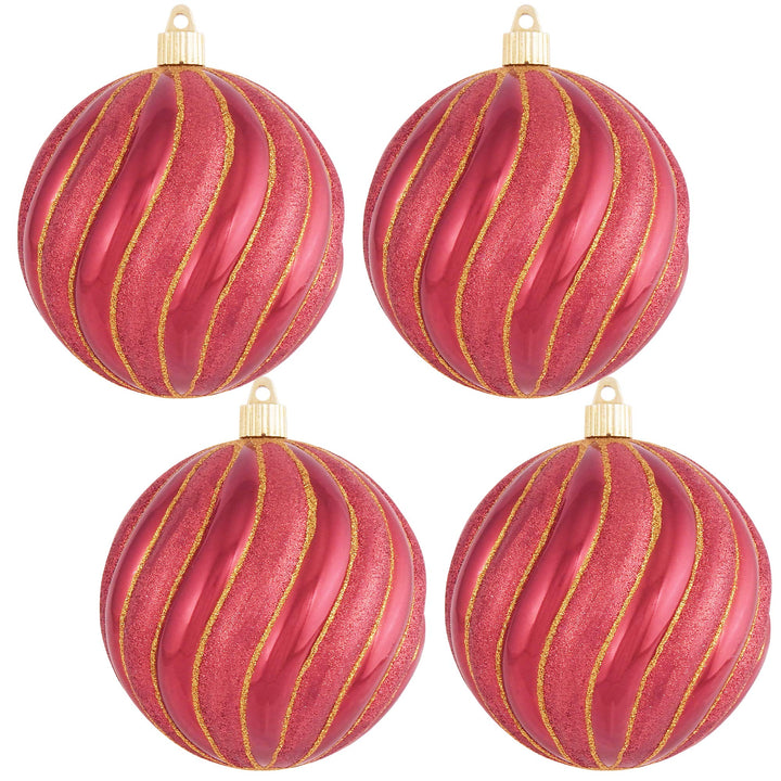 Christmas By Krebs 4 3/4" (120mm) Ornament [4 Pieces] Commercial Grade Indoor & Outdoor Shatterproof Plastic, Water Resistant Ball Shape Ornament Decorations (Sonic Red with Red/Gold Swirls)