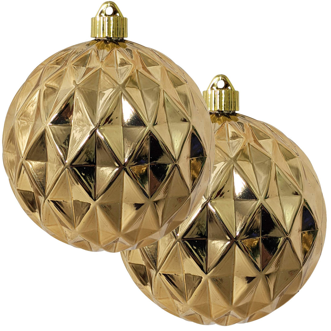 Christmas By Krebs 6" (150mm) Diamond Shiny Gilded Gold [2 Pieces] Solid Commercial Grade Indoor and Outdoor Shatterproof Plastic, UV and Water Resistant Ball Ornament Decorations