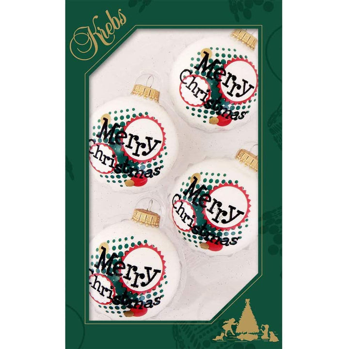 Glass Christmas Tree Ornaments - 67mm/2.625" [4 Pieces] Decorated Balls from Christmas by Krebs Seamless Hanging Holiday Decor (Porcelain White with Merry Christmas)