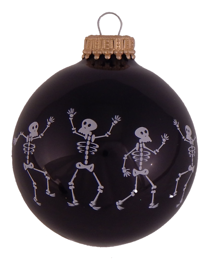 Halloween Tree Ornaments - 67mm/2.625" Decorated Glass Balls from Christmas by Krebs - Handmade Seamless Hanging Holiday Decorations for Trees - Set of 4 (Shiny Ebony Black with Dancing Skeletons)