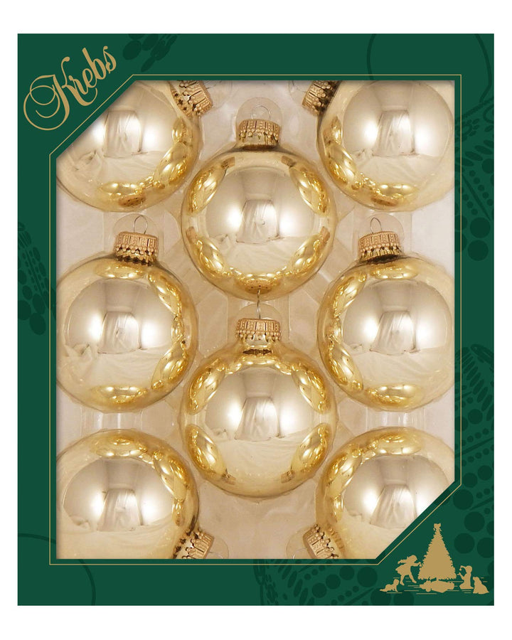 Christmas Tree Ornaments - 67mm / 2.625" [8 Pieces] Designer Glass Baubles from Christmas By Krebs - Handcrafted Seamless Hanging Holiday Decor for Trees (Shiny Tiffany Gold)
