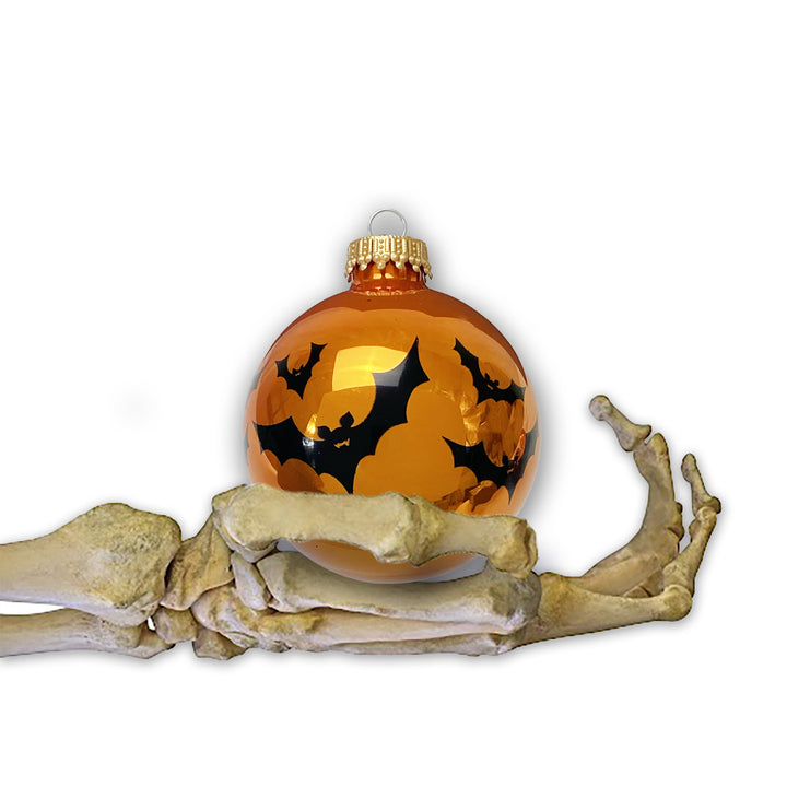Halloween Tree Ornaments - 67mm/2.625" Decorated Glass Balls from Christmas by Krebs - Handmade Seamless Hanging Holiday Decorations for Trees - Set of 4 (Shiny Orange Crush with Bats)