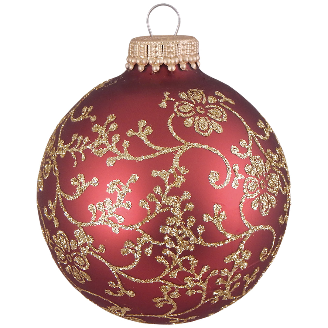 Glass Christmas Tree Ornaments - 67mm/2.63" Designer Balls from Christmas by Krebs - Seamless Hanging Holiday Decorations for Trees - Set of 12 Ornaments (Red Glitterlace w/ Gld Sprkle & December Red)