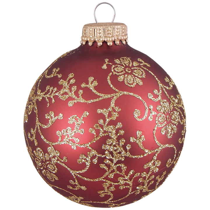 Glass Christmas Tree Ornaments - 67mm/2.63" Designer Balls from Christmas by Krebs - Seamless Hanging Holiday Decorations for Trees - Set of 12 Ornaments (Red Glitterlace w/ Gld Sprkle & December Red)