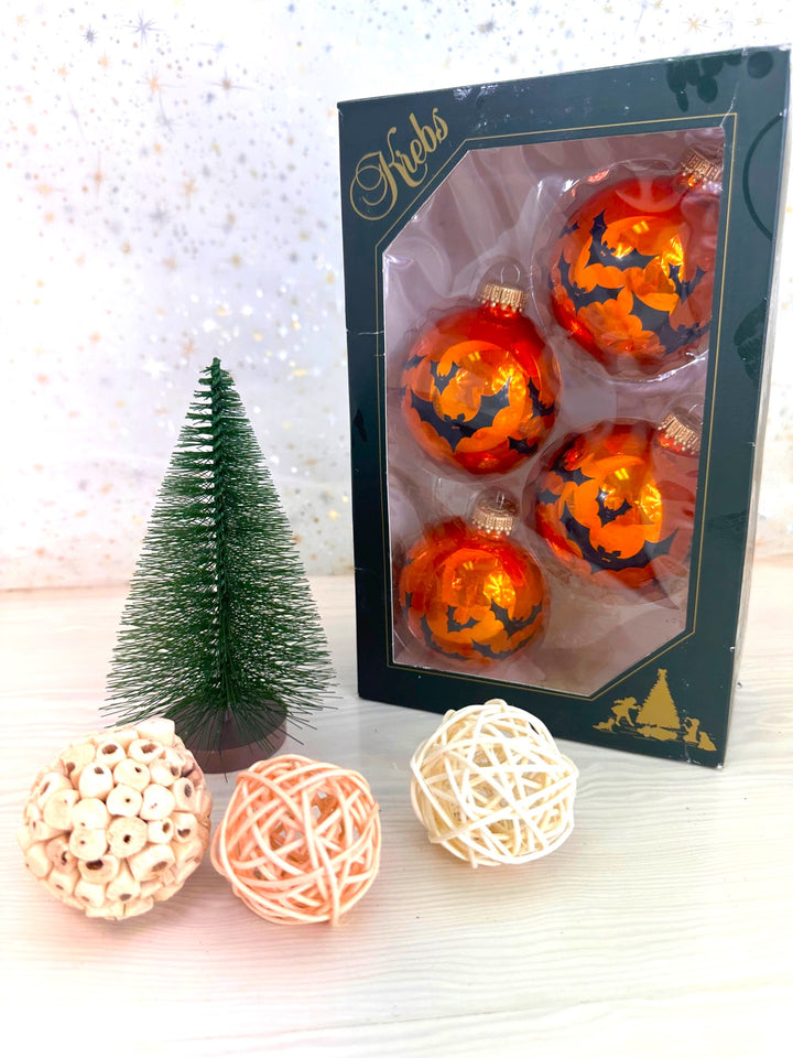 Halloween Tree Ornaments - 67mm/2.625" Decorated Glass Balls from Christmas by Krebs - Handmade Seamless Hanging Holiday Decorations for Trees - Set of 4 (Shiny Orange Crush with Bats)