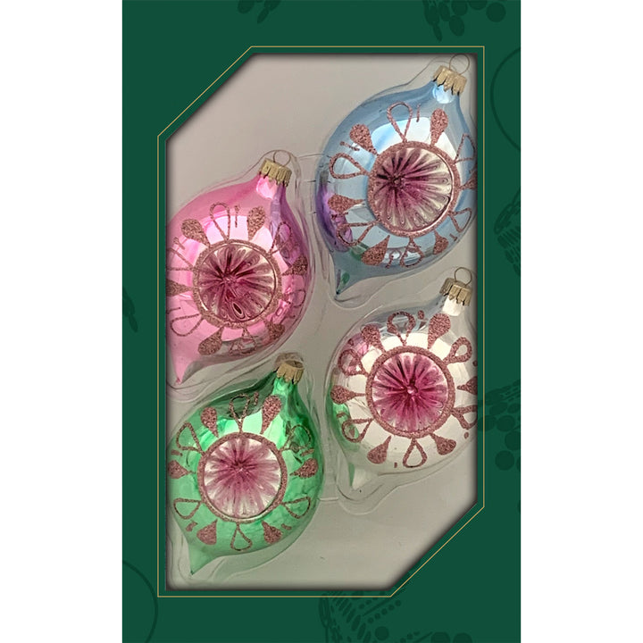 Glass Christmas Tree Ornaments - 67mm/2.63" [4 Pieces] Decorated Balls from Christmas by Krebs Seamless Hanging Holiday Decor (Silver, Seafoam, Blush & Blue Reflectors)