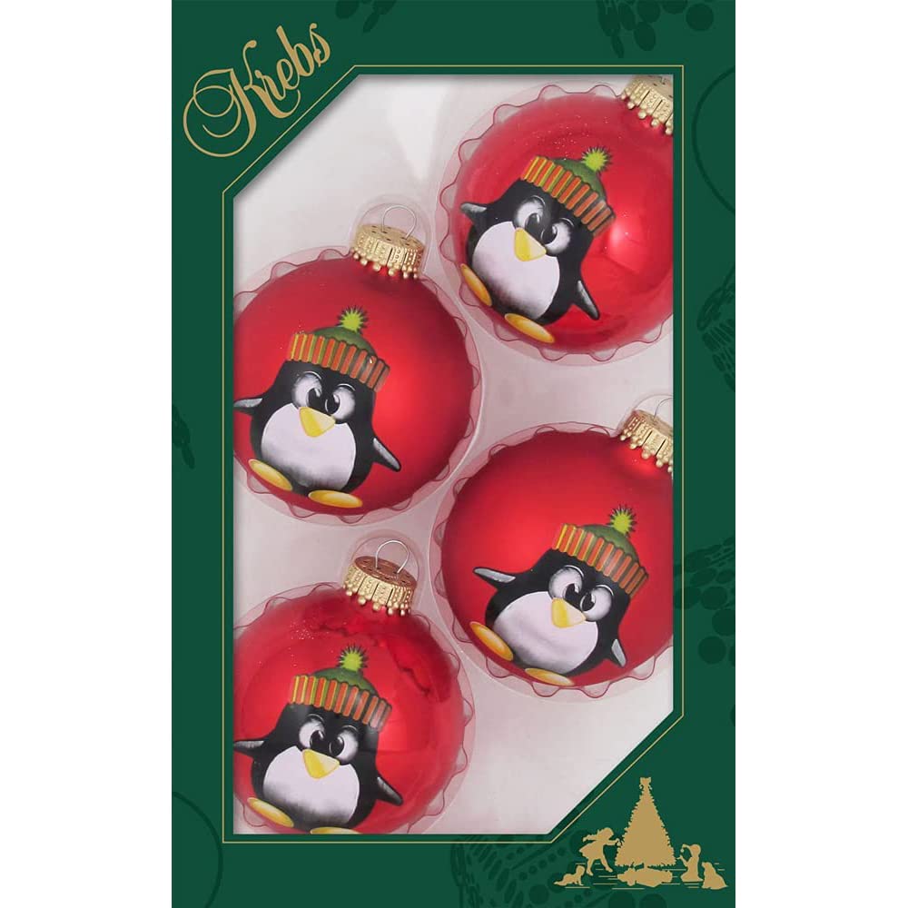 Glass Christmas Tree Ornaments - 67mm/2.63" [4 Pieces] Decorated Balls from Christmas by Krebs Seamless Hanging Holiday Decor (Candy Apple Red with Stocking Cap Penguin)