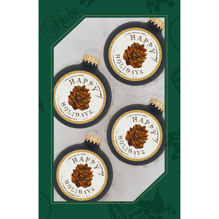 Glass Christmas Tree Ornaments - 67mm/2.63" [4 Pieces] Decorated Balls from Christmas by Krebs Seamless Hanging Holiday Decor (Midnight Haze Blue with Holiday Pinecones)