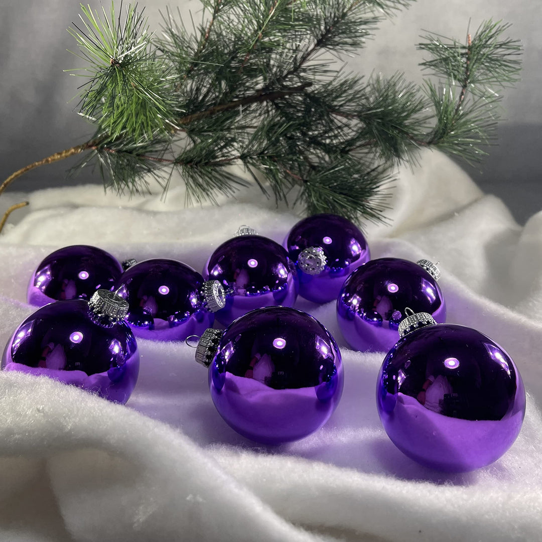 Glass Christmas Tree Ornaments - 67mm / 2.63" [8 Pieces] Designer Balls from Christmas By Krebs Seamless Hanging Holiday Decor (Shiny Amethyst Purple)