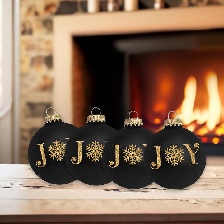 Glass Christmas Tree Ornaments - 67mm/2.63" [4 Pieces] Decorated Balls from Christmas by Krebs Seamless Hanging Holiday Decor (Ebony Velvet with Gold Glitter Joy)