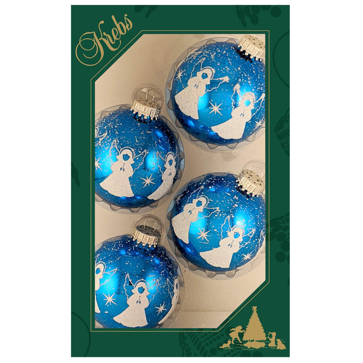 Glass Christmas Tree Ornaments - 67mm/2.63" [4 Pieces] Decorated Balls from Christmas by Krebs Seamless Hanging Holiday Decor (Blue with White Glitter Angel Band & Spritz)