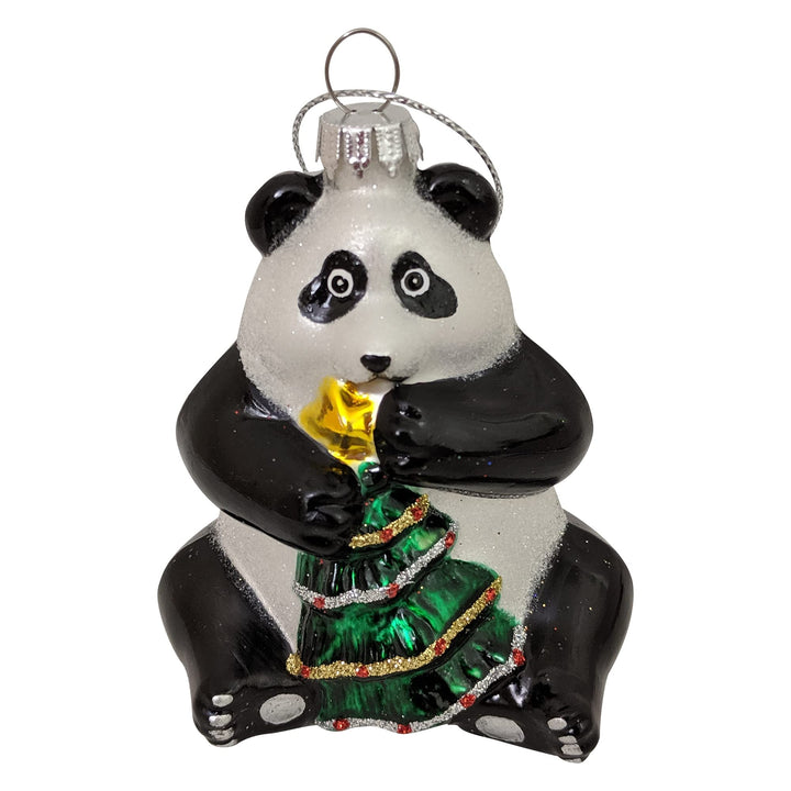 Christmas By Krebs Blown Glass  Collectible Tree Ornaments  (Panda Holding Christmas Tree)