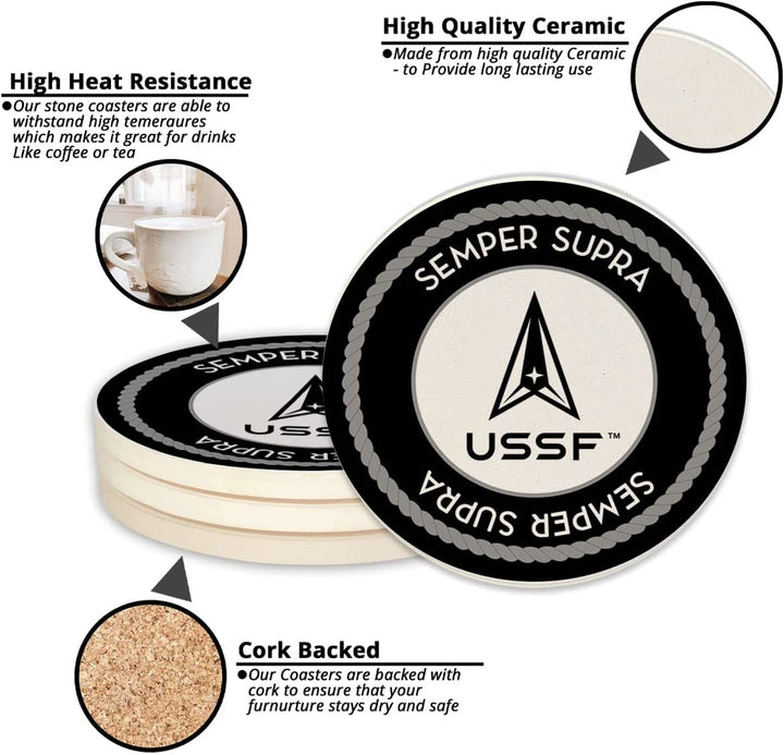 Christmas By Krebs United States Space Force Emblem Drink Coasters Set of Four 4" USSF Officially Licensed Military Patriotic Ceramic Stone US Armed Forces Veterans Home Décor for Servicemen SFB