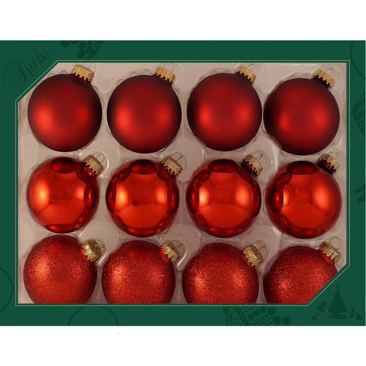 Glass Christmas Tree Ornaments - 67mm/2.63" Designer Balls from Christmas by Krebs - Seamless Hanging Holiday Decorations for Trees - Set of 12 Ornaments (Shiny, Velvet and Glitter Red)