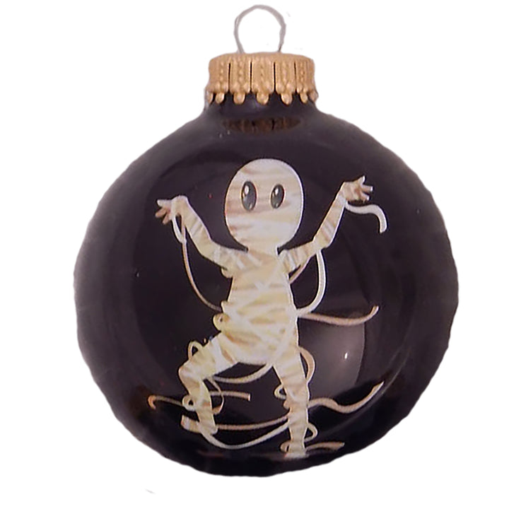 Halloween Tree Ornaments - 67mm/2.625" Decorated Glass Balls from Christmas by Krebs - Handmade Seamless Hanging Holiday Decorations for Trees - Set of 4 (Shiny Ebony Black with Mummy)