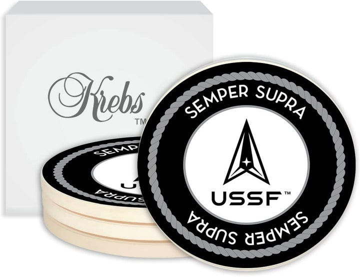 Christmas By Krebs United States Space Force Emblem Drink Coasters Set of Four 4" USSF Officially Licensed Military Patriotic Ceramic Stone US Armed Forces Veterans Home Décor for Servicemen SFB