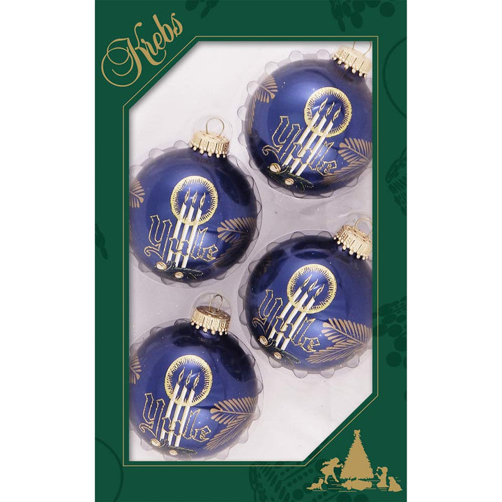 Glass Christmas Tree Ornaments - 67mm/2.625" [4 Pieces] Decorated Balls from Christmas by Krebs Seamless Hanging Holiday Decor (Indigo Blue with Yule Design)